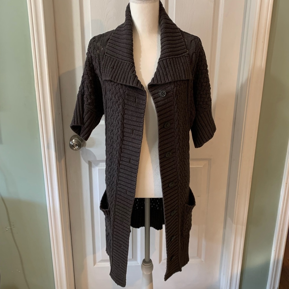 Womens long gray sweater Jones New York Size L short sleeve w/ pockets. …